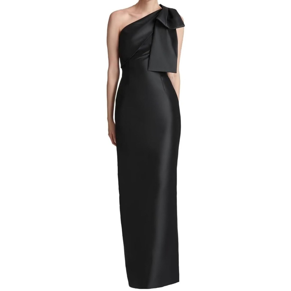 Black Satin One Shoulder Bow Gown Evening Formal Dress